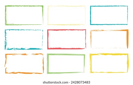 Hand drawn doodle color frame collection. Set of rectangle frames for text drawn with brush. Isolated text box. Caligraphic frames. Doodle rectangular shape. Line border. Vector illustration. 