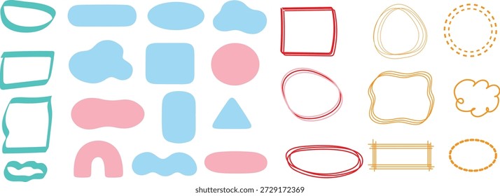Conjunto de marco de color de doodle dibujado a mano. Caja, cuadrado, rectángulo, círculo forma de la pluma línea de la pluma del trazo del garabato elemento. Dibujado a mano simple óvalo, marco cuadrado para el borde del texto. Ilustración vectorial.