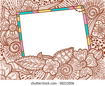 Hand drawn doodle color frame decorate by floral ornament