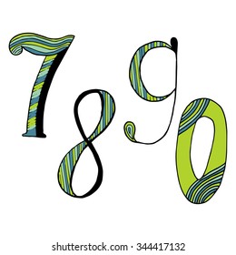 Hand drawn doodle color numbers. Seven, eight, nine, zero. 