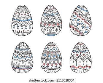 Hand drawn doodle color set with easter eggs. Easter zentangle. Vector eggs with ornament.