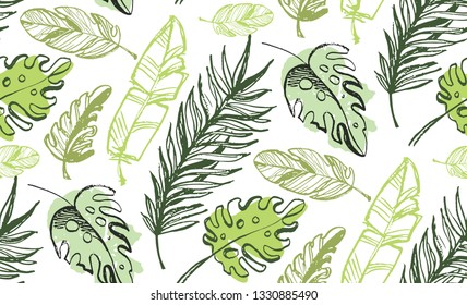 Hand drawn doodle color tropical leaf pattern background