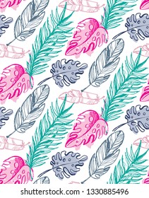 Hand drawn doodle color tropical leaf pattern background