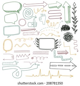 Hand Drawn Doodle Colored Arrows / Vector illustration of doodle hand drawn borders and lines, speech bubbles, hand, pointers 