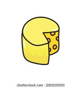 Hand drawn doodle colored Piece of cheese with holes. Black thick stroke. Vector illustration isolated on white background
