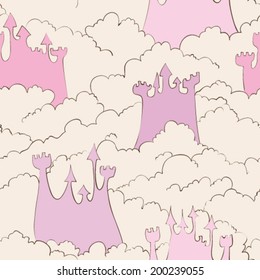 hand drawn doodle colorful air castle in clouds seamless pattern