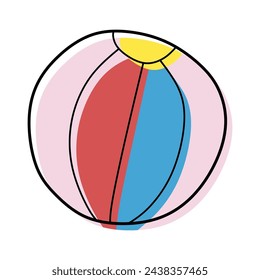 Hand drawn Doodle Colorful Beach Ball. Vector illustration Graphic Element. Holiday and Vacation Concept, Recreational Toy Isolate on White. Outline Colorful Design Art, Summer Activity.