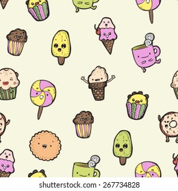  hand drawn doodle colorful candy, sweets, ice cream characters colorful seamless pattern, outlines