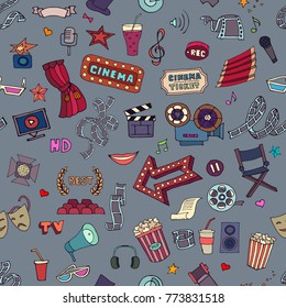 |Hand drawn doodle colorful cinema seamless background. Movie making icons. Film symbols collection.