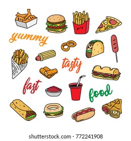 Hand drawn doodle colorful fast food icons set with French fries, fish and chips, burritos, tacos, crepes, soda drink, hotdog, bagel, sandwich, pizza, hamburger, chicken legs, nuggets, corn dog.