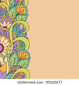 Hand drawn doodle colorful  frame on the beige background. Boho style. Template for invitation and greeting cards. Vector illustration - eps 10.