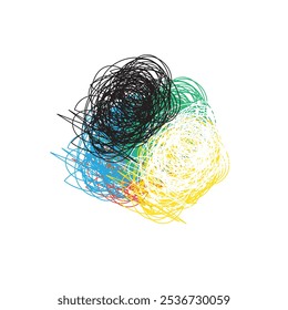 Hand drawn doodle. Colorful tangled shape on white. Colored chaotic pattern