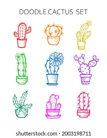 Hand drawn doodle colorful vector cactus set isolated on white background. Cute home plants.