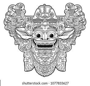 Hand drawn doodle coloring book style Barong balinese demon vector ornate mask isolated on white background