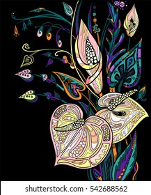 Hand drawn doodle coloring flowers bouquet. Decorative floral illustration. Abstract background for print on t-shirt.
