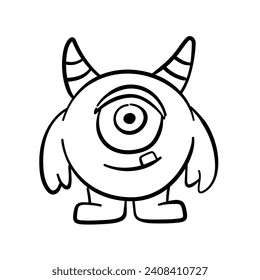 Hand drawn doodle coloring page Cute Monster Comic joyful monster character kids cartoon character design for poster, kids product logo, mascot, print on demand and packaging design