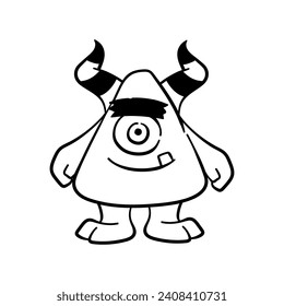 Hand drawn doodle coloring page Cute Monster Comic joyful monster character kids cartoon character design for poster, kids product logo, mascot, print on demand and packaging design