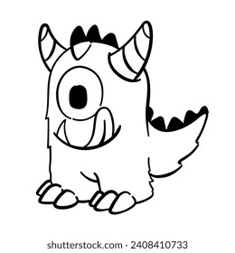 Hand drawn doodle coloring page Cute Monster Comic joyful monster character kids cartoon character design for poster, kids product logo, mascot, print on demand and packaging design