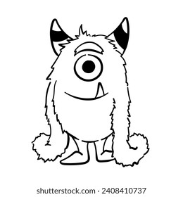Hand drawn doodle coloring page Cute Monster Comic joyful monster character kids cartoon character design for poster, kids product logo, mascot, print on demand and packaging design