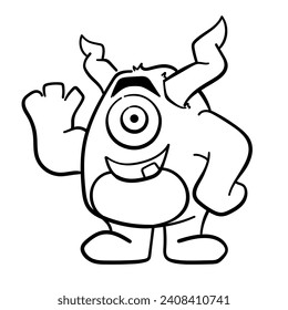 Handgezeichnete Doodle-Farbseite Cute Monster Comic lustige Monster-Charakter-Kindercartoon-Charakter-Design für Poster, Kinder-Produkt-Logo, Maskottchen, Print on Demand und Verpackungsdesign