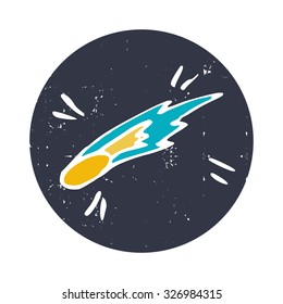 Hand drawn doodle comet, isolated in textured purple circle on white background. Childish space icon.