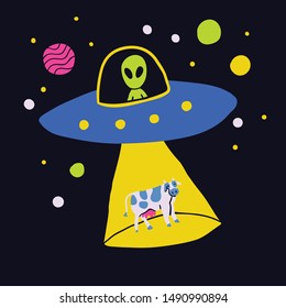 Hand drawn doodle comic poster with UFO spaceship arrival on the night background who is stealing the cow. Vector illustration. Flat banner. Kid shirt illustration - Vector