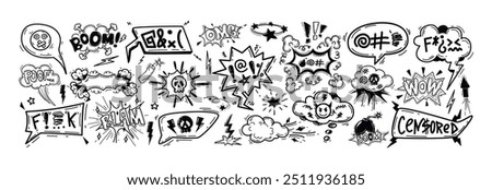 Hand drawn doodle comic speech bubbles with insults, curses, swearwords, offensive language. Angry words in talk frames, dialogue box, chat balloons. Negative expressions, bad emotions with skull icon