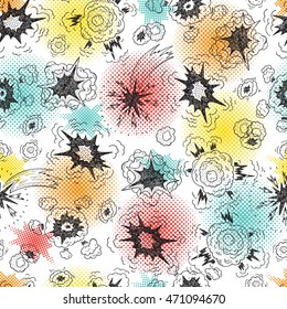 Hand Drawn Doodle Comics Book Cartoon Explosions Seamless Pattern Vector illustration
