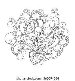 Hand drawn doodle composition with floral bouquet in the cup  in zen style for invitation at tea party, greeting card, decorate stationary, dishes, porcelain, ceramics, adult coloring books. eps 10