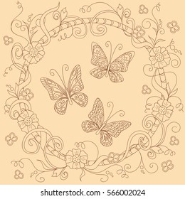 Hand drawn doodle composition with floral mandala and  butterflies in boho style for invitation, greeting card, decorate  stationary, dishes, porcelain, ceramics. eps 10