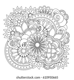 Hand drawn doodle composition with flowers and mandalas for greeting card, clothes print, decorate stationery, case phone, dishes, porcelain, ceramics, adult antistress coloring book. eps 10