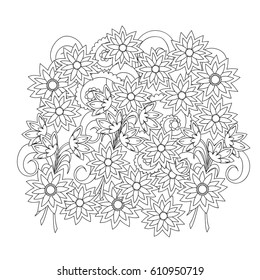 Hand drawn doodle composition with flowers for  greeting card, clothes print, decorate stationery, case phone, dishes, porcelain, ceramics, adult antistress coloring book. eps 10
