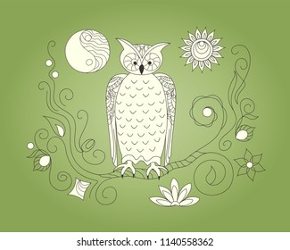 Hand drawn doodle composition with owl, moon and sun symbols for canvas print, decorate home, wall, cover coloring and drawing album, notebook, stationery, cases, bags. eps 10.
