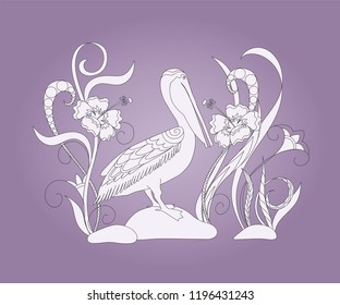 Hand drawn doodle composition with pelican and flowers for canvas print, decorate home, wall, cover coloring and drawing album, notebook, stationery, cases, bags. eps 10.