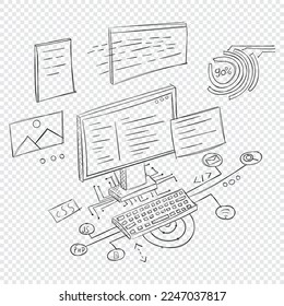 Hand drawn doodle computer. Sketch of a computer. Concept of creative office workspace. Working place with computer. Vector illustration