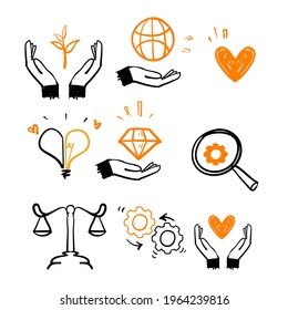 hand drawn doodle Concept of Business Core Values illustration collection vector isolated