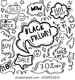 Concepto de doodle dibujado a mano de descuentos y viernes negro para diseños de tarjetas, Anuncios y carteles	
