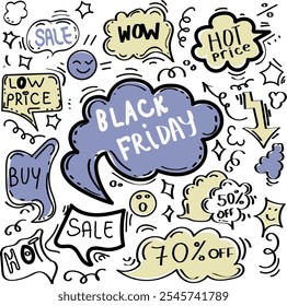 conceito de doodle desenhado à mão de descontos e sexta-feira preta para desenhos de cartões, banners e cartazes	

