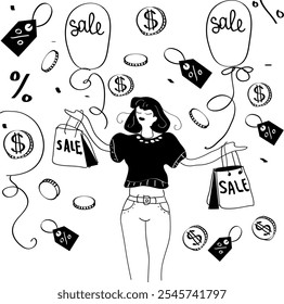 hand drawn doodle concept of discounts and black friday for designs of cards, banners and posters	

