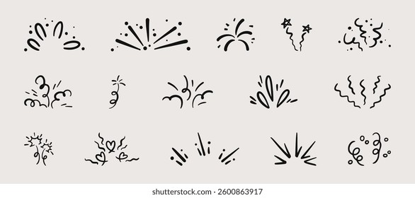 Hand drawn doodle confetti bursts set. Black and white cartoon icons collection of festive fireworks, stars, party decor elements. Vector illustrations for celebration design, holiday prints.