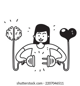 doodle dibujado a mano conecta el balance de alambre entre la ilustración del corazón y el cerebro