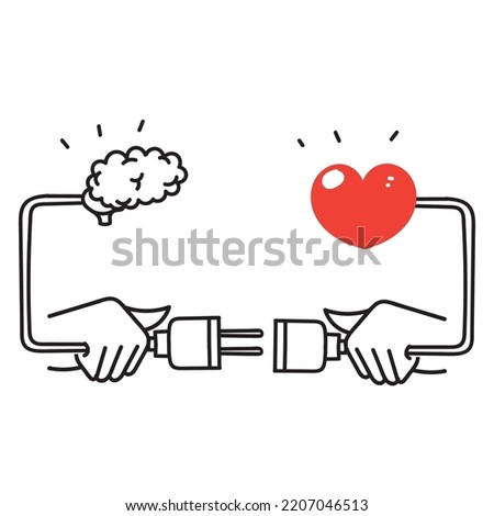 hand drawn doodle connect wire balance between heart and brain illustration