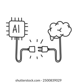 hand drawn doodle connecting brain with ai chip robotic 