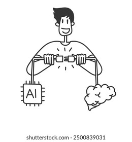 hand drawn doodle connecting brain with ai chip robotic 