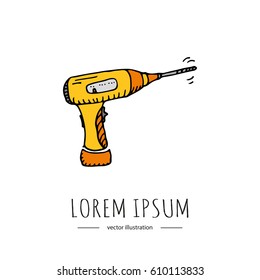 Hand drawn doodle Construction icon - orange and yellow Rechargeable Battery Drill isolated on white, Cordless screwdriver Vector illustration building icons Sketch label of house remodel gear element