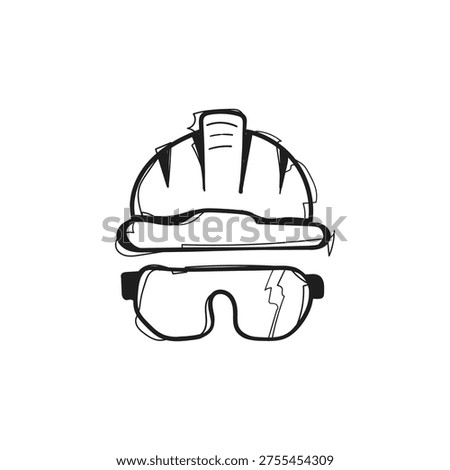 Hand drawn doodle of construction safety hard hat with protective goggles. Black and white line art vector illustration of industrial PPE equipment.