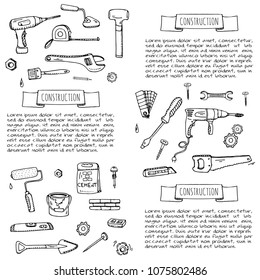 Hand drawn doodle Construction tools set Vector illustration building icons House repair icons concept collection Modern sketch style labels of house remodel gear elements and symbols Home repair tool