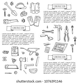 Hand drawn doodle Construction tools set Vector illustration building icons House repair icons concept collection Modern sketch style labels of house remodel gear elements and symbols Home repair tool