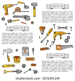 Hand drawn doodle Construction tools set Vector illustration building icons House repair icons concept collection Modern sketch style labels of house remodel gear elements and symbols Home repair tool
