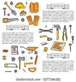 Hand drawn doodle Construction tools set Vector illustration building icons House repair icons concept collection Modern sketch style labels of house remodel gear elements and symbols Home repair tool